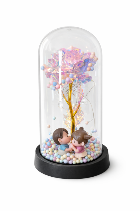 Cupola plastic cu trandafir irizat LED si 2 indragostiti, 20 cm, cutie cadou [2]