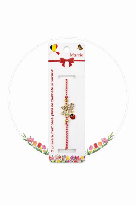 Set 12 bratari martisor cu fluture si buburuza, snur rosu alb, ambalate individual [4]
