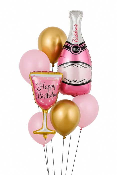 Set aranjament baloane Happy Birthday, sticla sampanie si pahar, 8 piese [1]