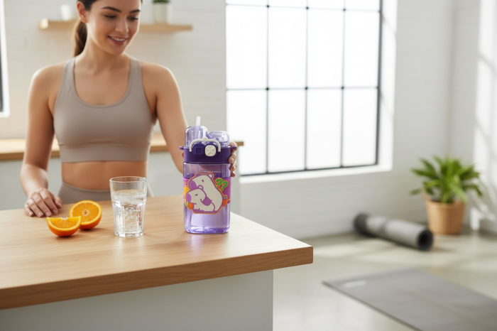 Sticla Apa Copii 600ml cu Bretea si Capac Dublu – Model Ursulet, Mov [3]