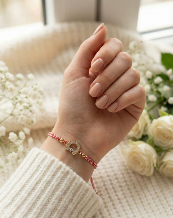 Set 12 Bratari Martisor Potcoava Aurie cu Strasuri si Ochisor Protector, Snur Rosu, 20x11 cm [3]