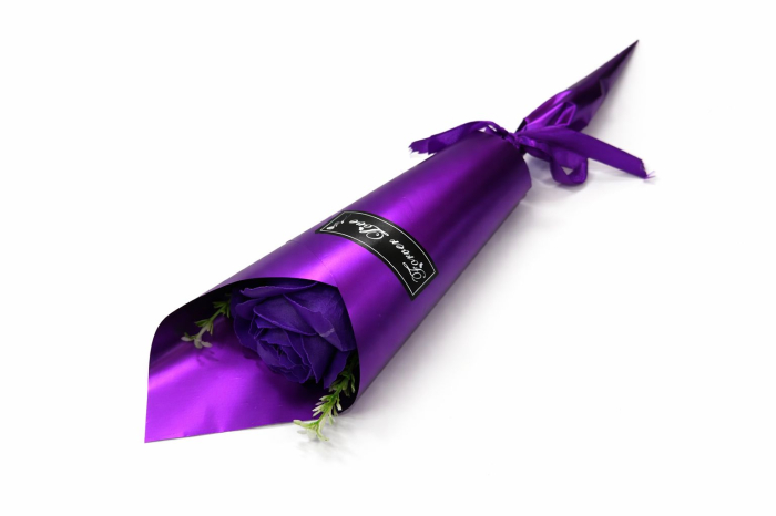 Buchet cu 1 trandafir de sapun mov intens, decorativ, 33 cm [3]