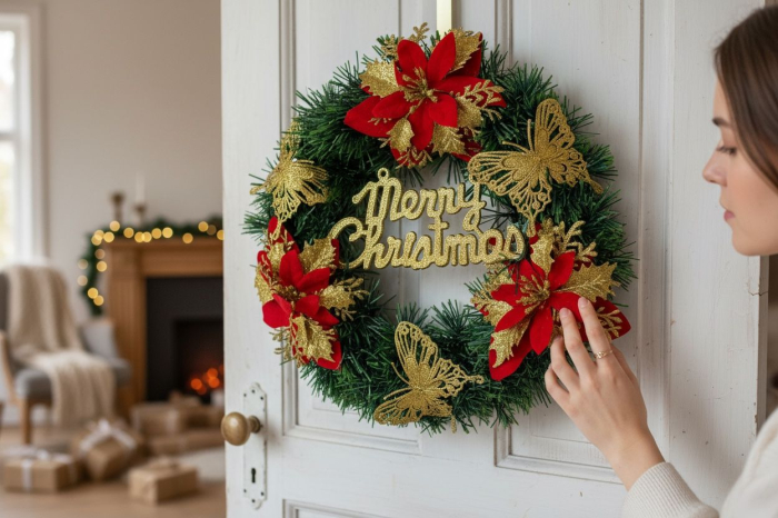 Corona Craciun Decorativa cu Flori si Fluturi Merry Christmas, 30cm [2]