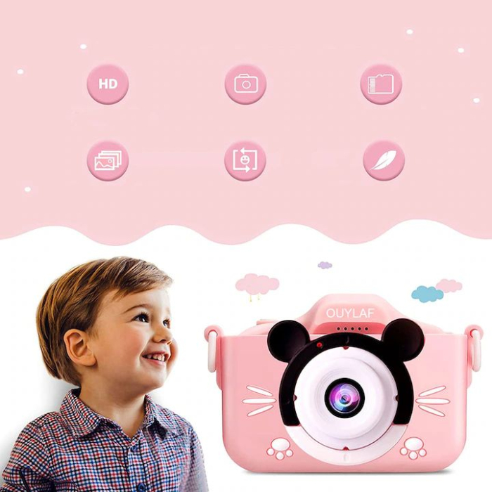 Camera foto digitala pentru copii 4800 MP, 8x zoom, model soricel roz, 13x12cm [3]