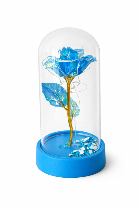 Cupola plastic cu trandafir irizant LED albastru, baza albastra, 15x9 cm [2]