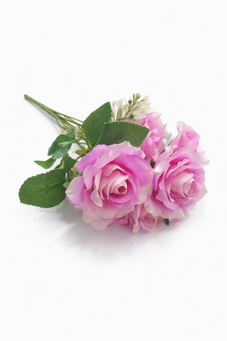 Buchet 7 trandafiri artificiali crem cu lila, frunze si boboci decorativi 30cm [2]