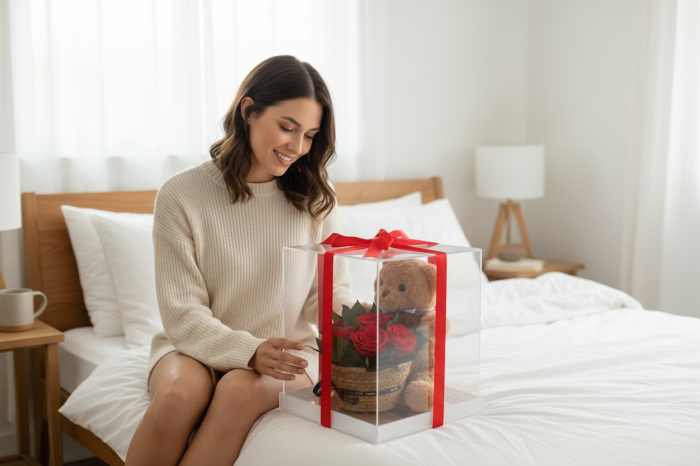 Cutie Premium Teddy Bear cu Trandafiri Criogenati 30x25x24 cm Cadou Romantic [5]