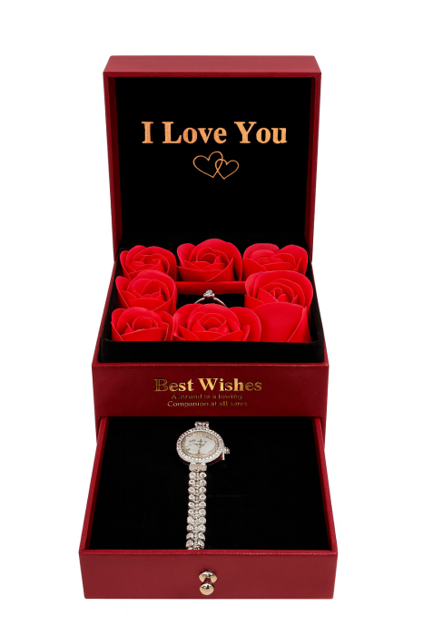 Set Cadou Luxury cu 8 Trandafiri din Sapun, Inel Reglabil si Ceas in Cutie cu Sertar [3]