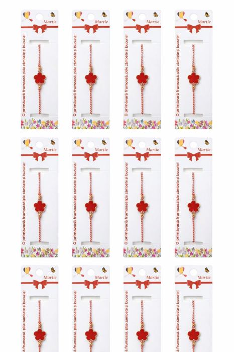 Set 12 bratari martisor cu trifoi stilizat rosu, snur rosu alb, ambalate individual [5]