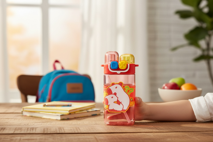 Sticla Apa Copii 600ml cu Bretea si Capac Dublu – Model Ursulet, Rosie [3]