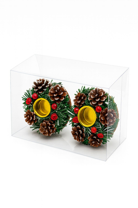 Set 2 suporturi lumanari Craciun cu conuri de brad si decor verde, 20x11cm [2]