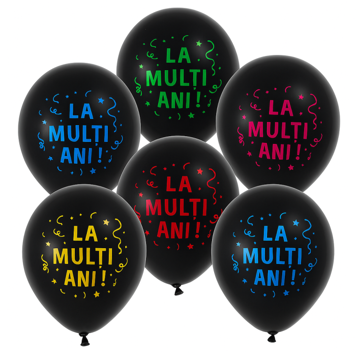 Set baloane latex La Multi Ani, 6 buc, 30 cm, model negru cu imprimeu colorat [1]