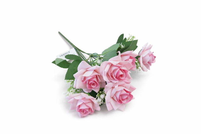 Buchet artificial deosebit cu 7 trandafiri catifelati roz discret si flori decorative 30 cm [3]