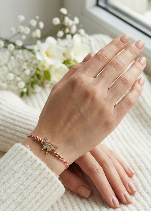 Set 12 Bratari Martisor Fluturas Auriu cu Strasuri, Snur Reglabil, 20x11 cm [3]