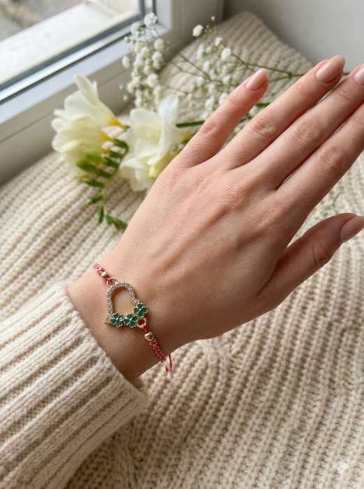 Set 12 bratari martisor cu inimioara si trifoi verzi, snur reglabil rosu-alb [3]