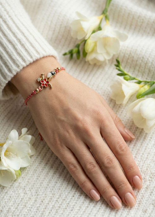 Set 12 bratari martisor cu pasare stilizata si floare, snur rosu alb, ambalate individual [3]