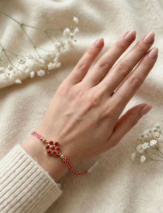 Set 12 bratari martisor cu floare rosie din cristale, snur reglabil alb-rosu [3]