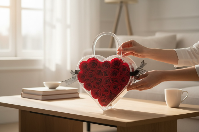 Inima Transparenta cu 19 Trandafiri Criogenati Rosii 33x25x6.5 cm Cadou Premium [3]
