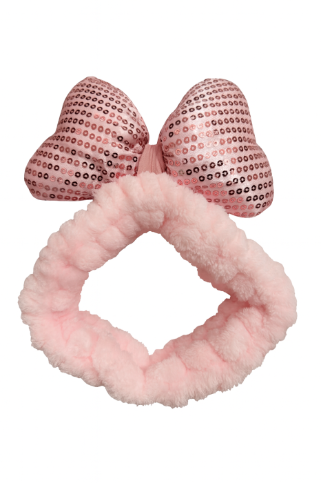 Bentita pufoasa pentru fata cu funda mare roz, elastica, ideala skincare si machiaj [3]