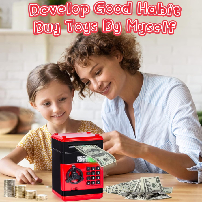 Seif Electronic pentru Copii cu Cod, Lumini si Muzica – Cutie de Economii Rosu cu Negru 19x14 cm [3]