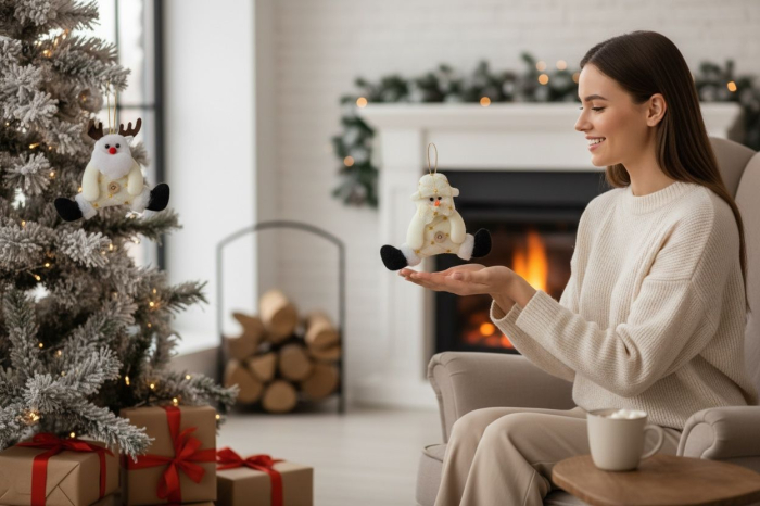 Set 12 decoratiuni Craciun textile crem – ren, moș si om de zapada, 14cm [3]