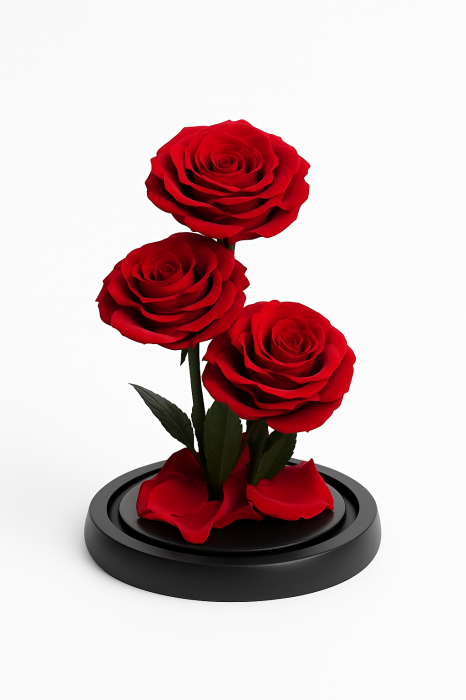 Trandafiri criogenati sub cupola de sticla, 3 flori rosii, cadou premium 23x14 cm [3]