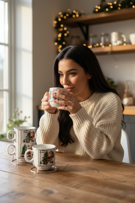 Set 4 Cani Ceramice cu Suport – Model Mos Craciun si Brad, Merry Christmas [2]