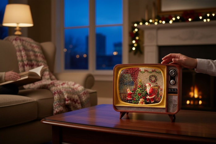 Decoratiune TV retro Craciun cu lumini LED, colinde si ninsoare, baterii si acumulator, 26x21x16cm [2]