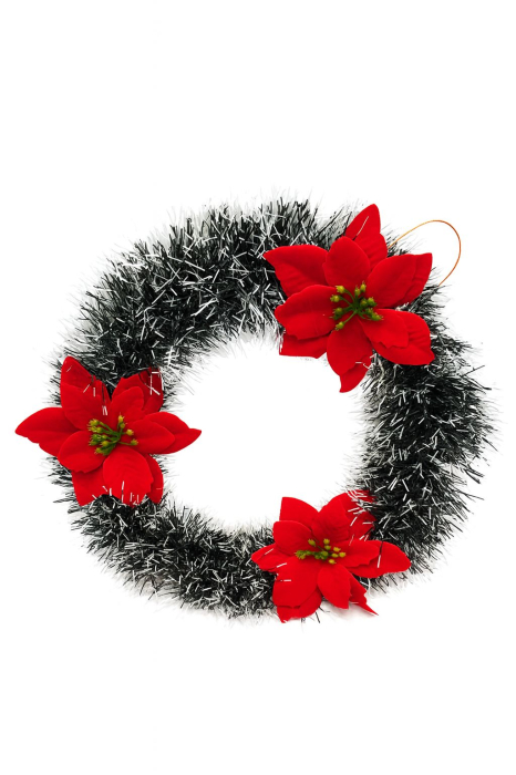 COROANA DECORATIVA CRACIUN CU GHIRLANDA ARGINTIE SI POINSETTIA ROSIE, 30cm [2]