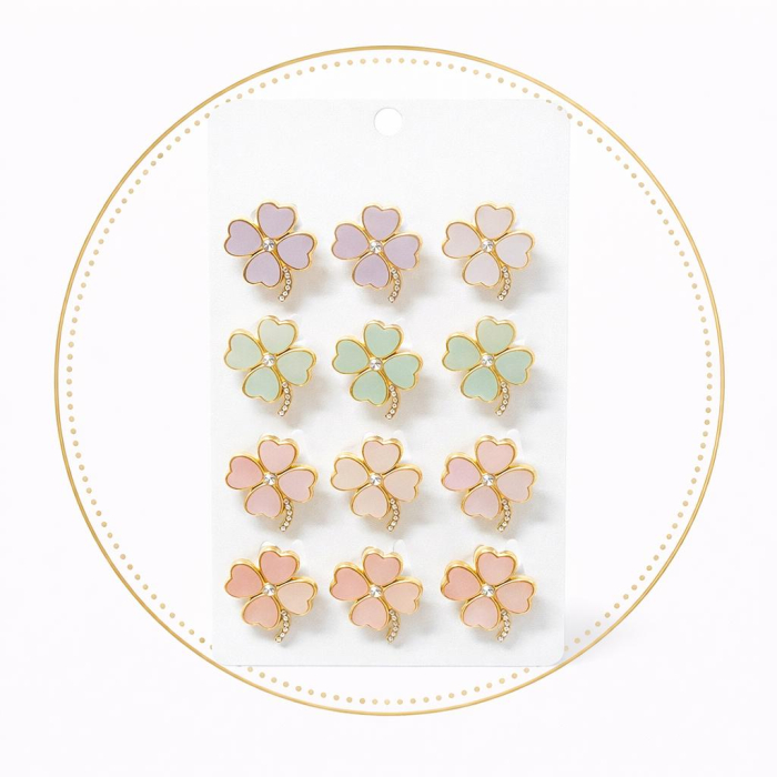 Set 12 brose martisor trifoi auriu cu strasuri, culori pastel asortate 15x9cm [2]