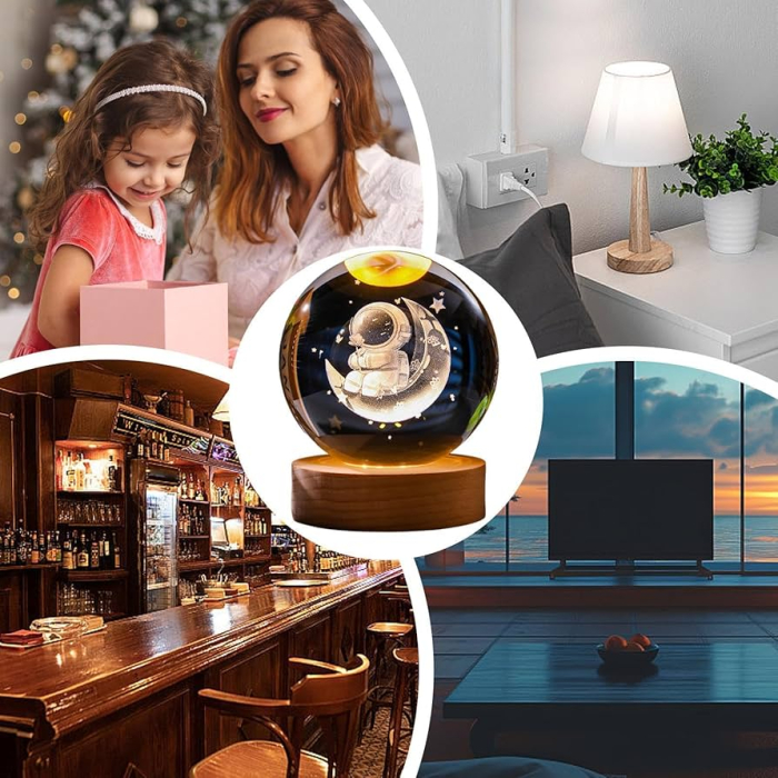 Glob Cristal 3D Astronaut pe Luna 8 cm, LED si Baza Lemn, Lampa Decor [5]