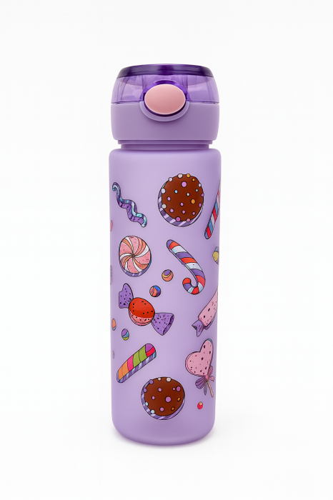 Sticla Kids Candy Purple 500ml – Model Vesel cu Dulciuri, Pai si Capac Flip Anti-Scurgere [1]