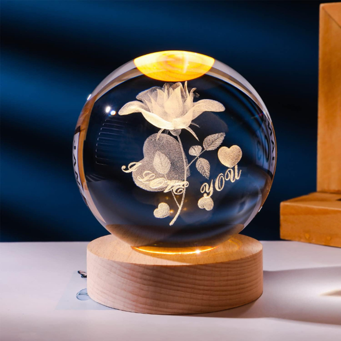 Glob Cristal 3D cu Trandafir si Mesaj I Love You, LED si Baza Lemn, Cadou Romantic, 6 cm [3]