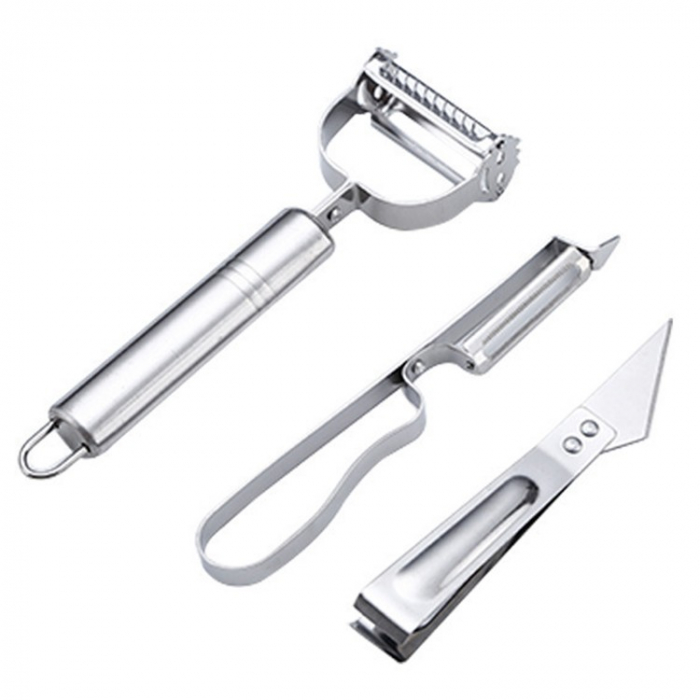 Accesorii de Curatat Decojit Fructe Legume, , Set 3 Piese, Feliator Cutit Decojitor, Legume si Fructe, din Otel Inoxidabil, cu Maner, Argintiu [1]