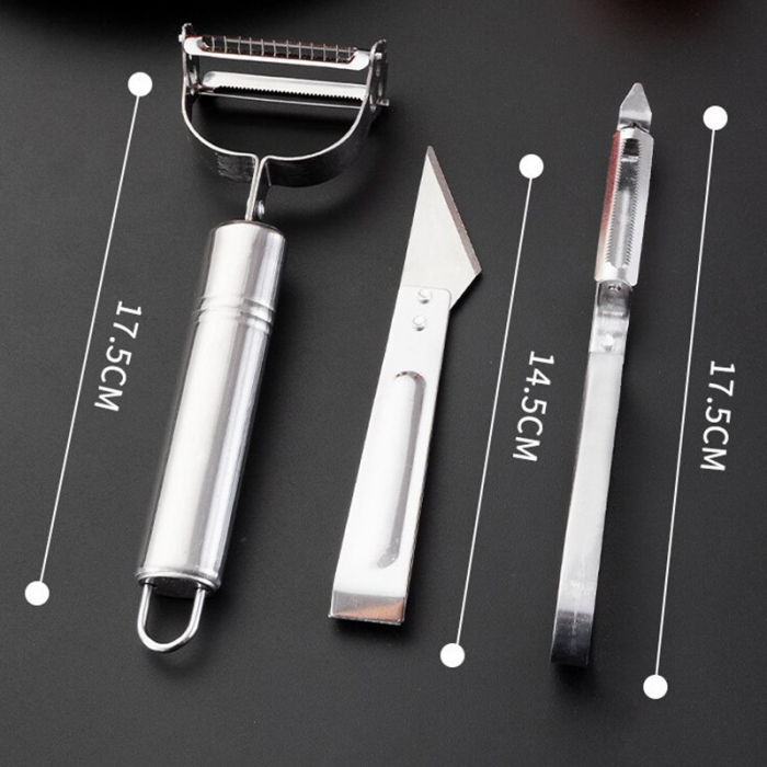 Accesorii de Curatat Decojit Fructe Legume, , Set 3 Piese, Feliator Cutit Decojitor, Legume si Fructe, din Otel Inoxidabil, cu Maner, Argintiu [2]
