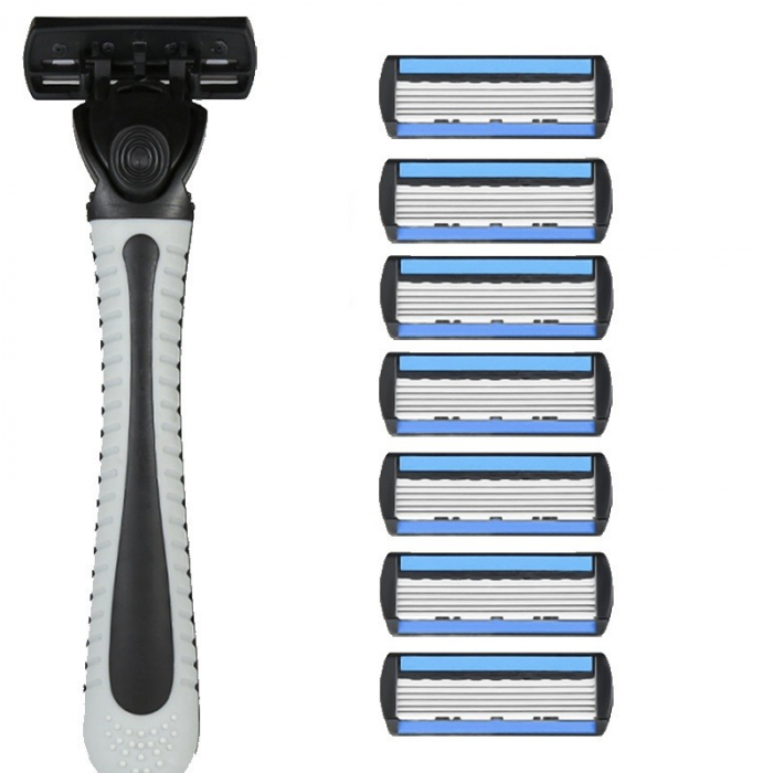 Aparat de Ras Manual, , din Otel Inoxidabil, Suport Lama + 7 Capete de Schimb Incluse, Cutie pentru Lame, Negru [1]