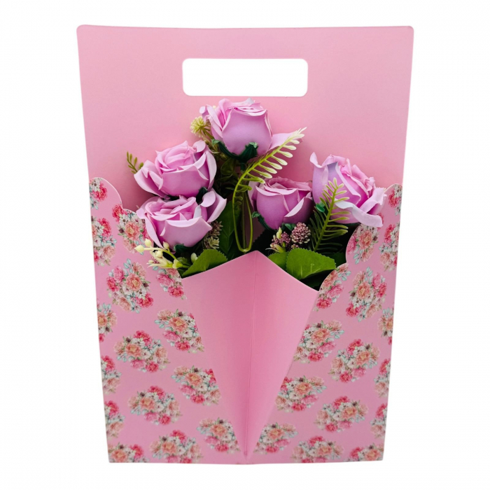 Aranjament floral deosebit cu Buchet de Trandafiri artificiali si boboci diversi, culori combinate, 34×23cm,   [2]