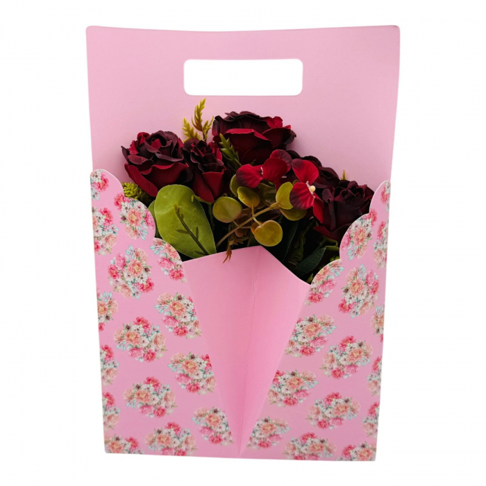 Aranjament floral deosebit cu Buchet de Trandafiri si flori de camelie, diverse culori, 34×23cm,   [8]