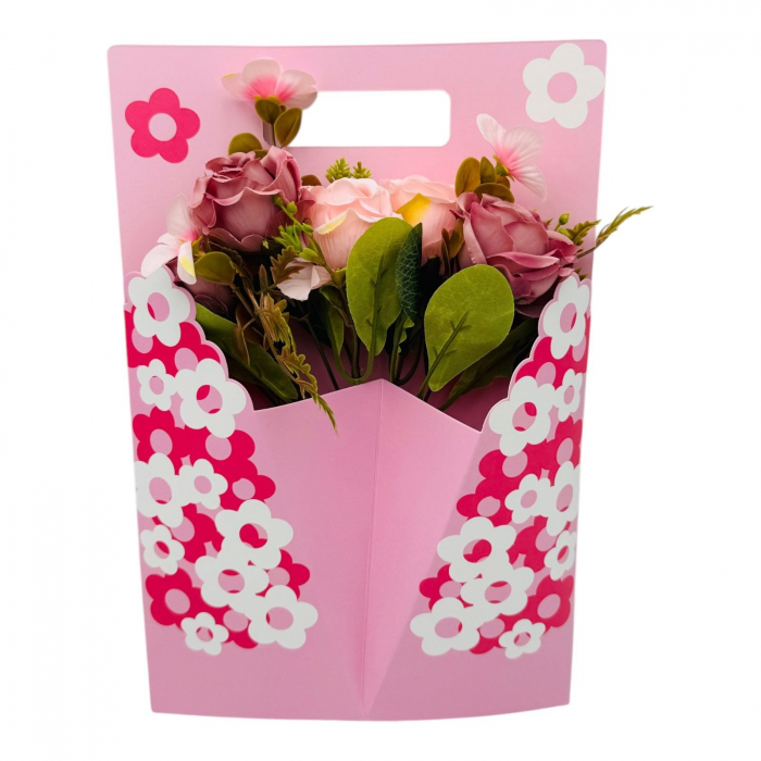 Aranjament floral deosebit cu Buchet de Trandafiri si flori de camelie, diverse culori, 34×23cm,   [5]