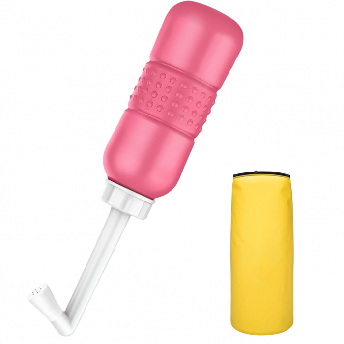 Bideu Portabil pentru Igiena Intima, , pentru Postpartum/ Postoperator, 450 mL, cu Capac si Husa Galbena, 29.5x7 cm, Culoare Recipient Roz [1]