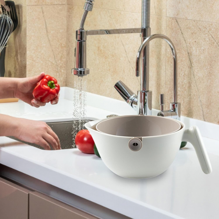 Bol cu Doua Straturi, , pentru Fructe, Legume, cu Cos de Scurgere a Apei, 2L, din ABS+PP, 29.9 x 22.5 x 11.8 cm, Alb - Gri [2]