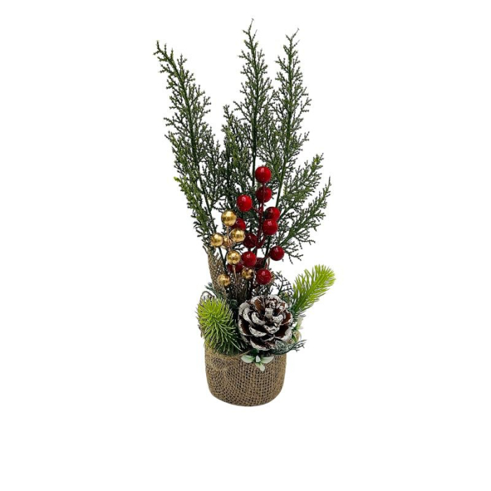 Bradut decorativ Craciun in ghiveci cu iuta – cu bobite rosii/aurii si con nins – pentru masa, birou sau vitrina, 35 cm [2]