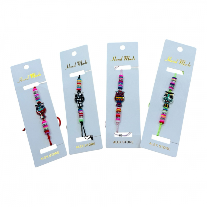 Bratara cu bufnita si margele colorate - accesoriu vesel de vara in culori si modele combinate pentru copii si adulti,  [2]