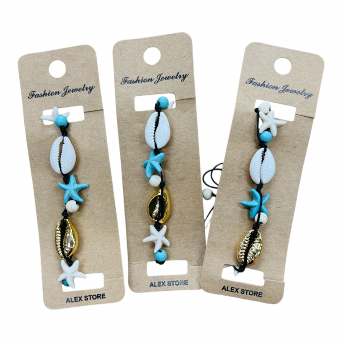 Bratara cu scoici decorative, stelute si margele albastre – accesoriu estival cu vibe marin pentru femei si fete,  [2]