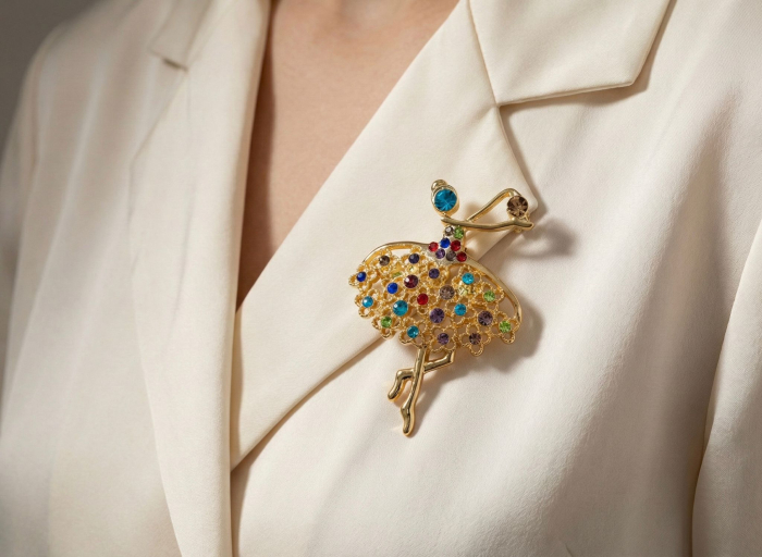 Brosa balerina 6x4 cm, finisaj auriu cu pietre colorate, cadou primavara elegant [2]