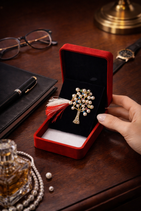 Brosa Copac Martisor cu Perle si Strasuri Colorate in Cutie de Catifea [3]