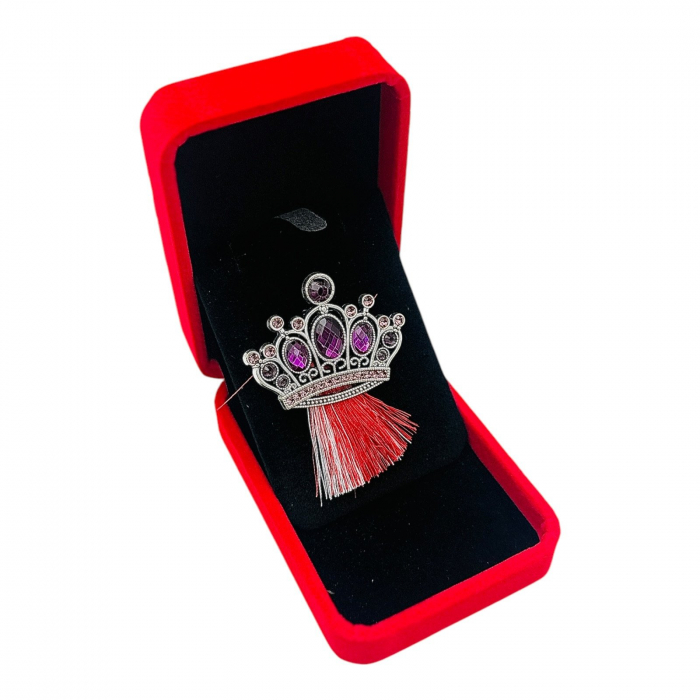 Brosa Coroana Imperiala Argintie cu Pietre Mov, ciucure, Accesoriu de Lux  [2]