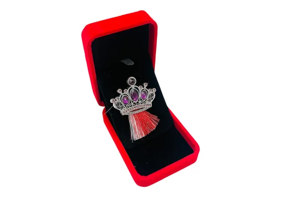 Brosa Coroana Imperiala Argintie cu Pietre Mov, ciucure, Accesoriu de Lux  [1]
