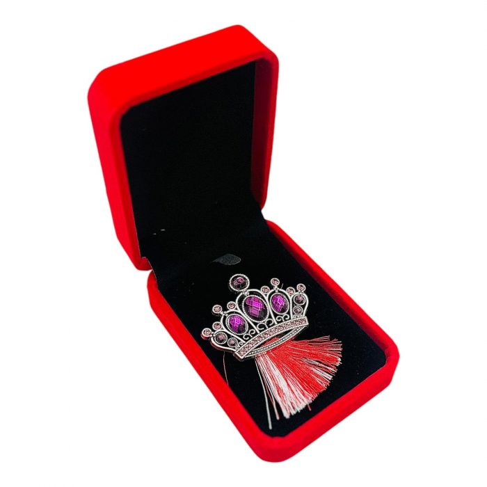 Brosa Coroana Imperiala Argintie cu Pietre Mov, ciucure, Accesoriu de Lux  [3]