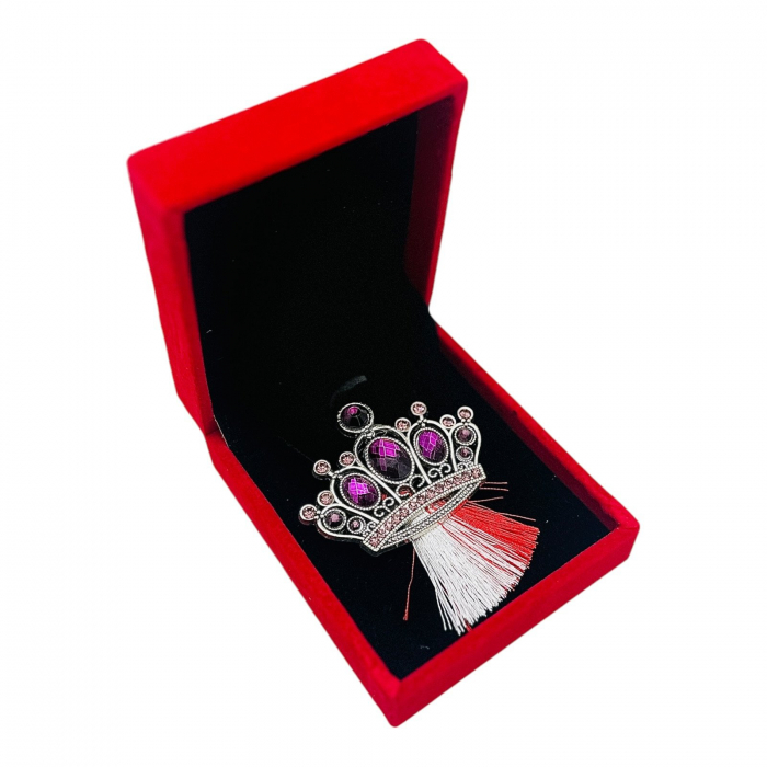 Brosa Coroana Regala cu Cristale Mov si Ciucure Traditional pentru Martisor, in Cutie Catifelata Premium -   [2]